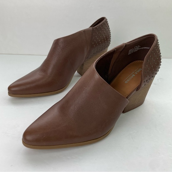 NWOT Soul Bound Brown D’Orsay Keelin Point Toe Block Heel Leather Studded Bootie - Picture 2 of 13